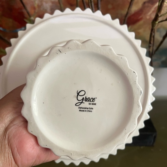 Grace Tea Ware Cake Plate Stand Floral Pedestal Gold Trim Scalloped Edges Riser - Picture 4 of 5